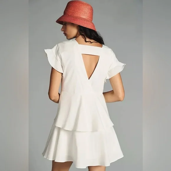 Anthropologie Ruffled V-Neck White Mini Dress size XS *NWT* - Picture 2 of 13